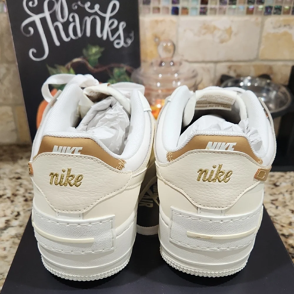 Nike Air Force 1 White and Metallic Gold Shoes - Picture 4 of 6
